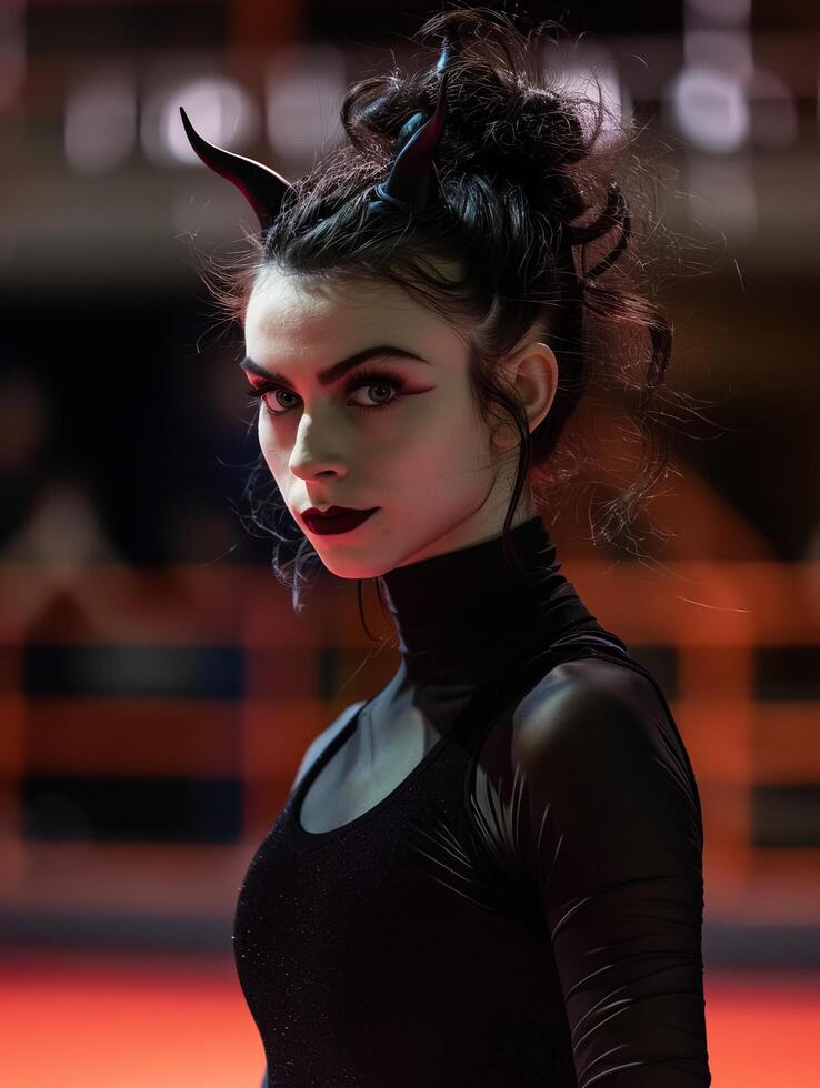 mysterious woman with dark makeup and horns photo