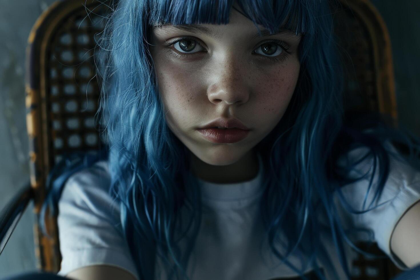 Pensive young girl with blue hair photo