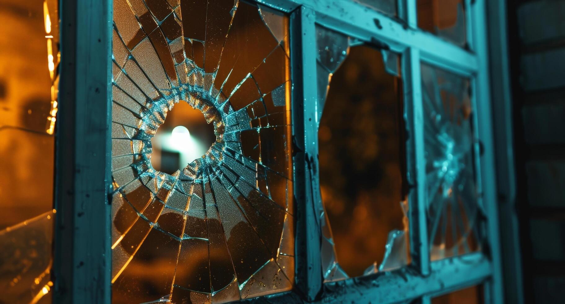 Shattered glass window with warm lighting photo