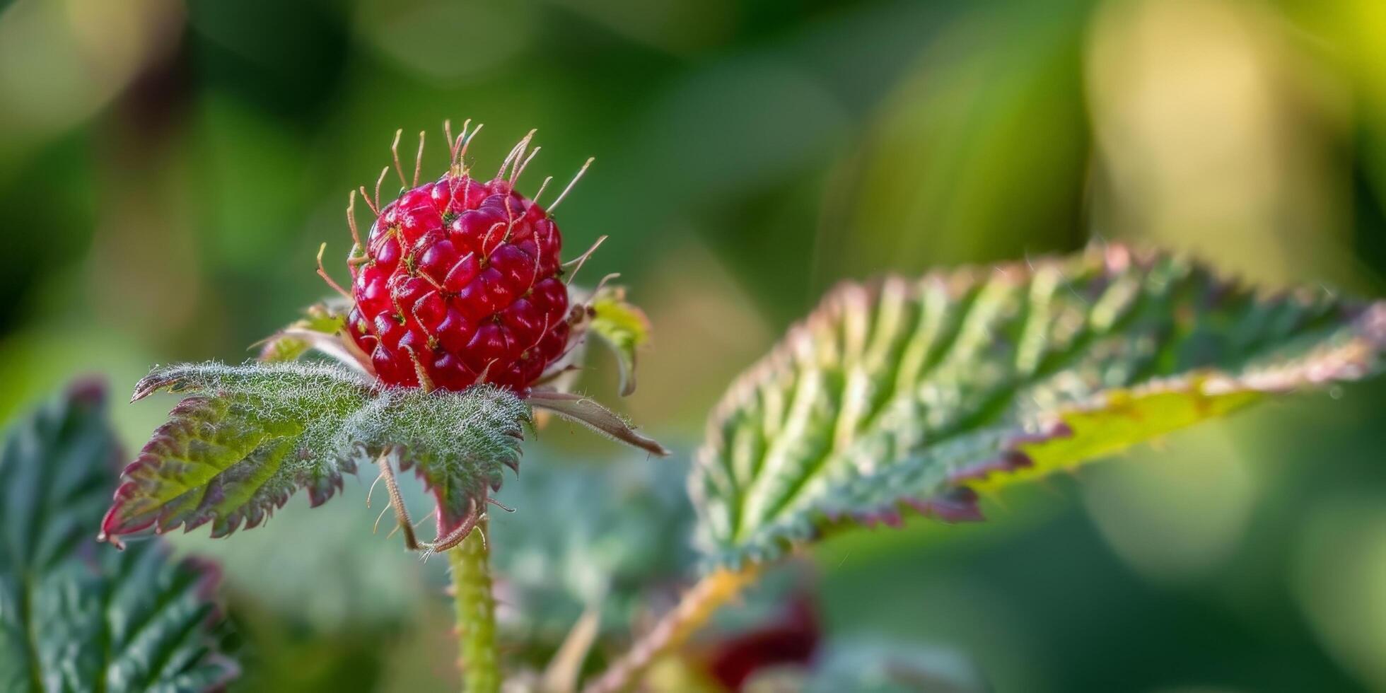 Close up of a vibrant red raspberry fruit on a green leaf background photo