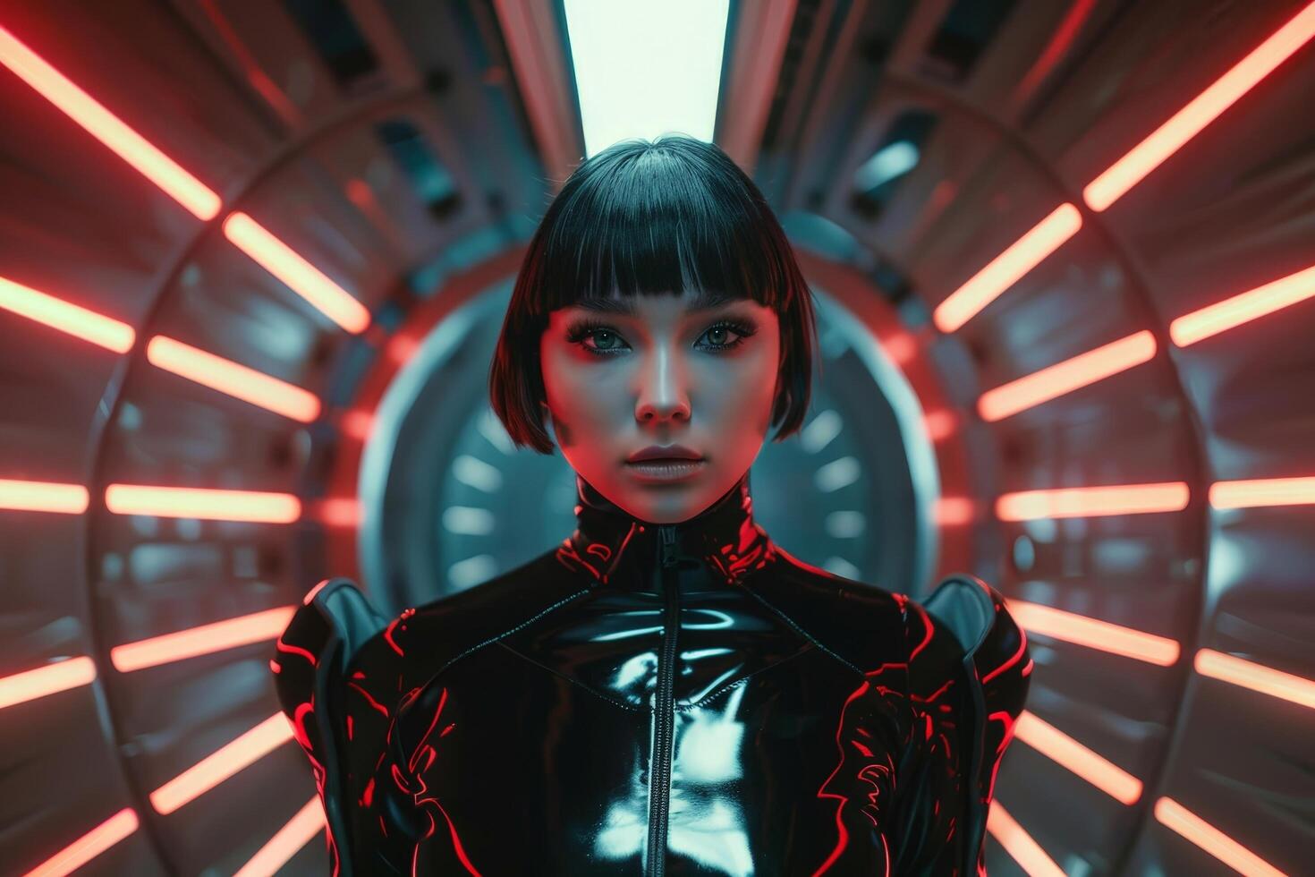 futuristic woman in black and red outfit photo