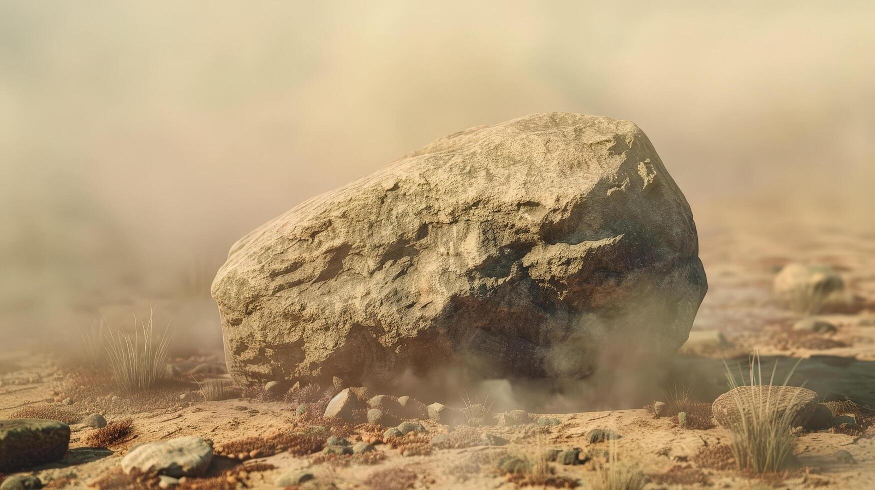 Massive boulder in desert landscape photo