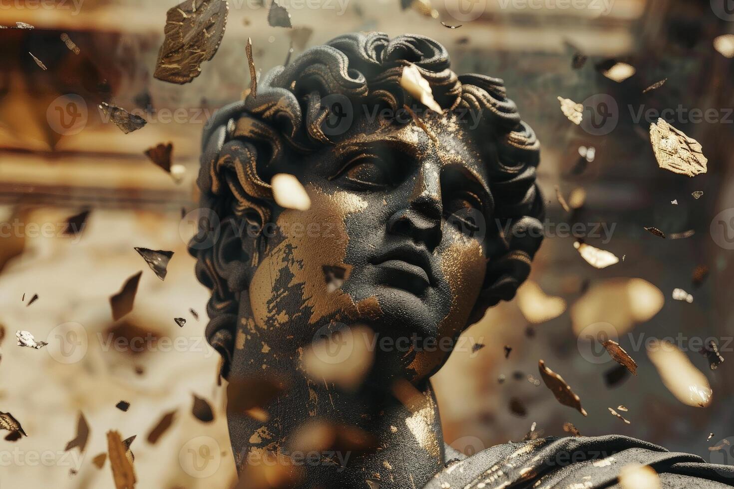 Weathered ancient statue face with cracked texture photo