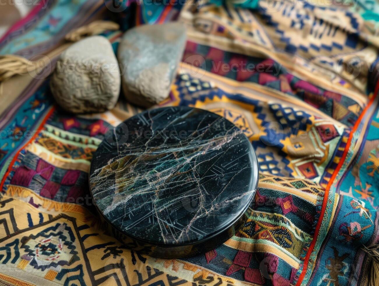 Mystical crystal ball on colorful patterned fabric photo