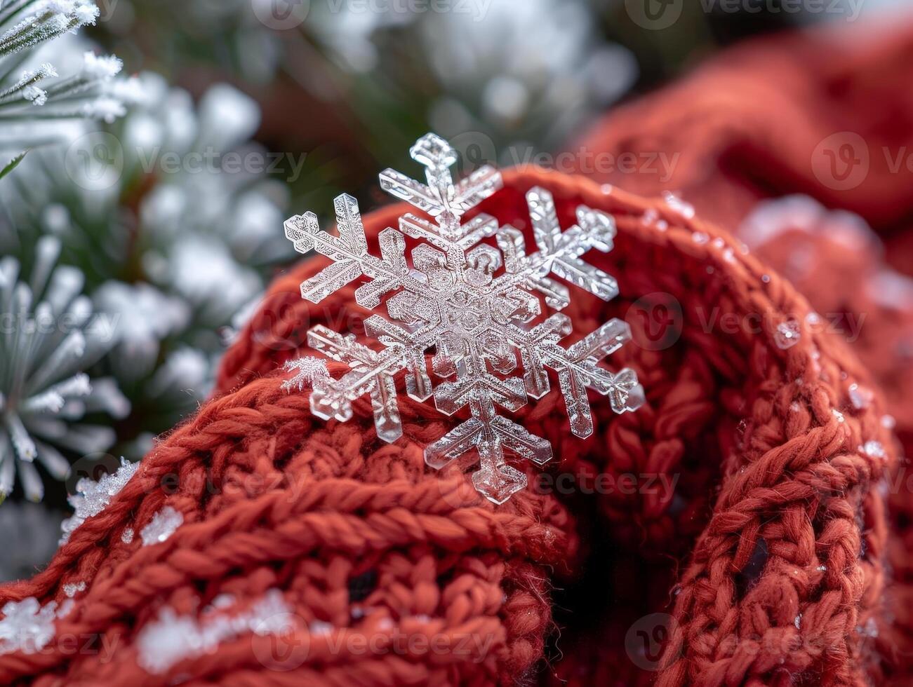 Intricate snowflake on a cozy red scarf photo