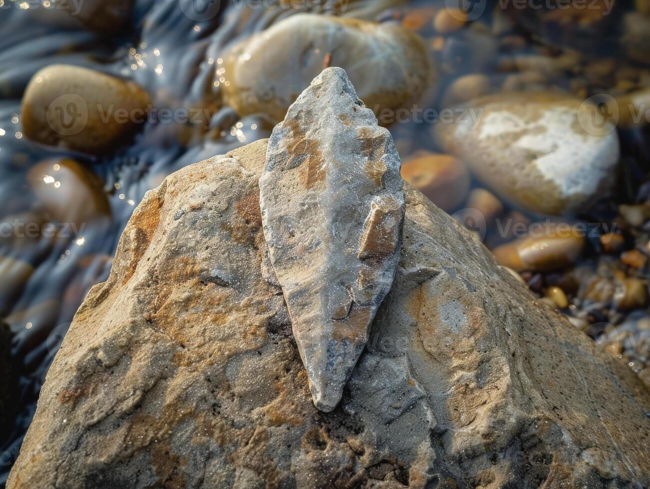 Closeup of a weathered stone arrowhead on a rocky shore photo