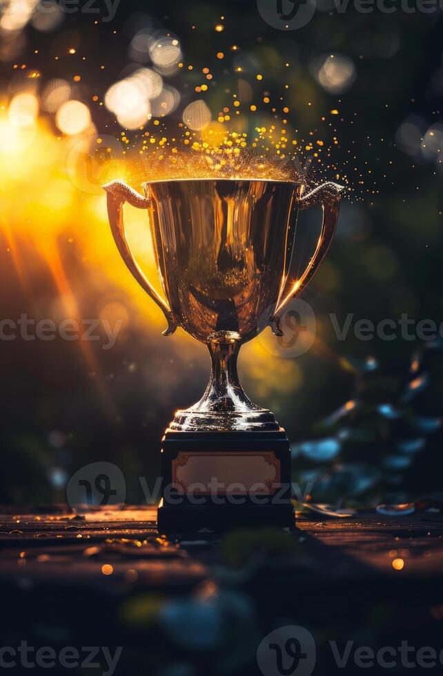 golden trophy with sparkling lights photo