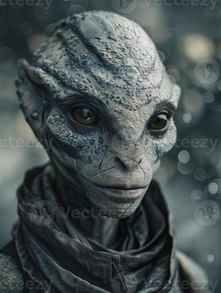 Mysterious alien creature with glowing eyes photo