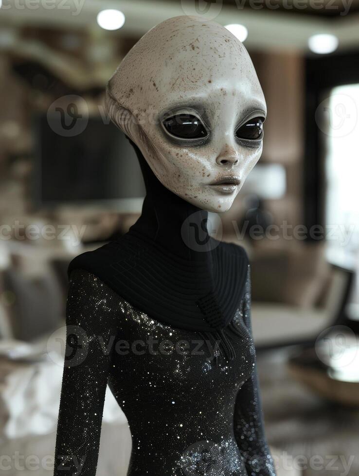 Alien figure in black sparkly outfit photo