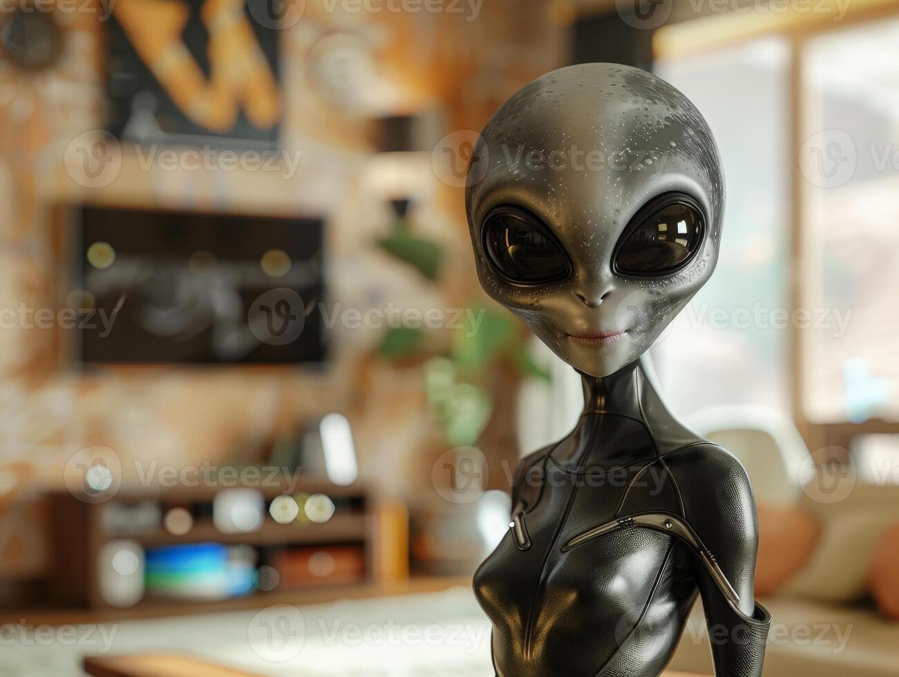 Alien figure in a room with shelves and electronics photo