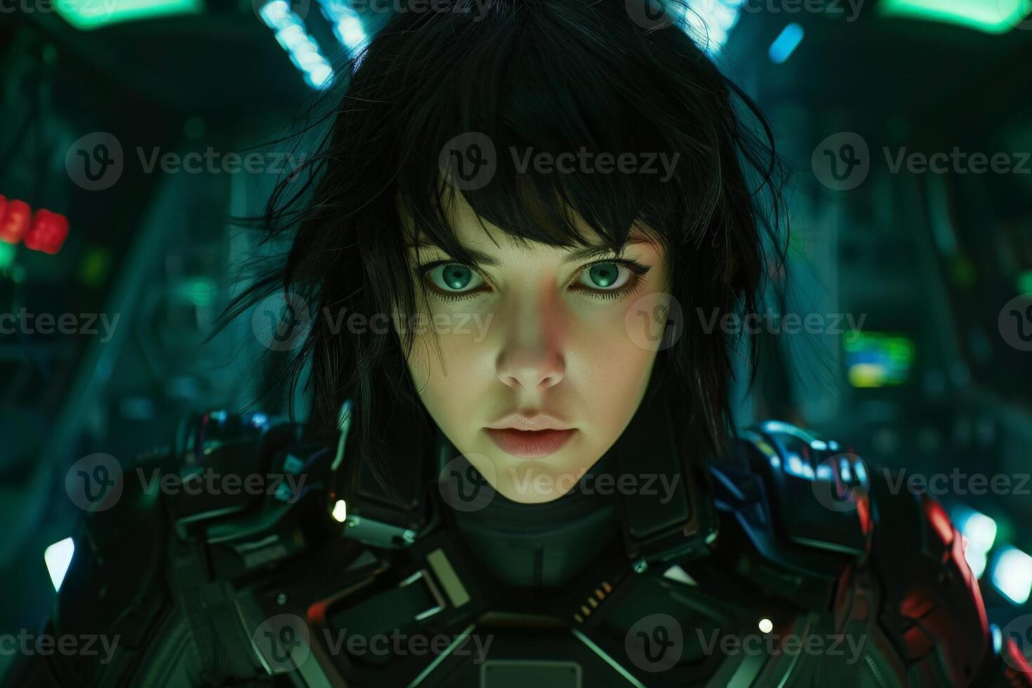 Futuristic woman with dark hair and intense gaze photo