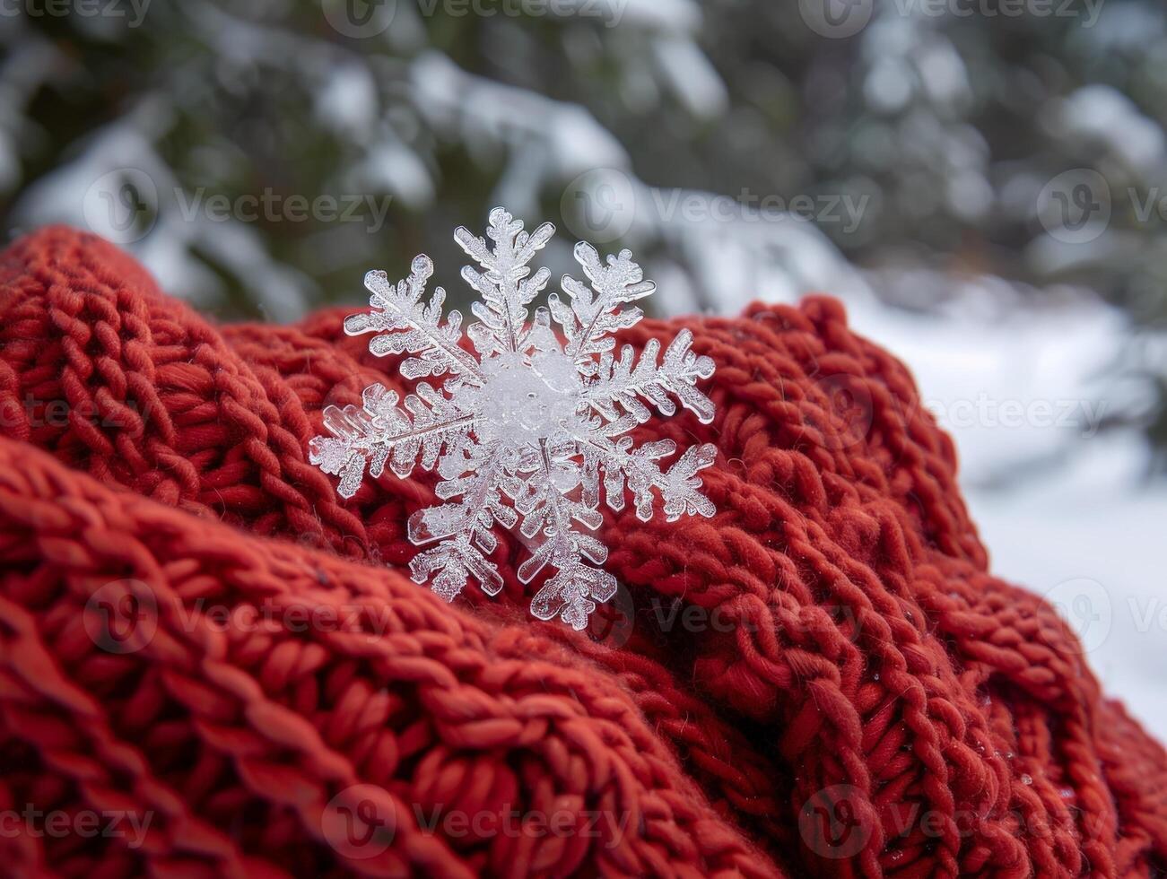 Frosty snowflake on cozy red knitted scarf photo