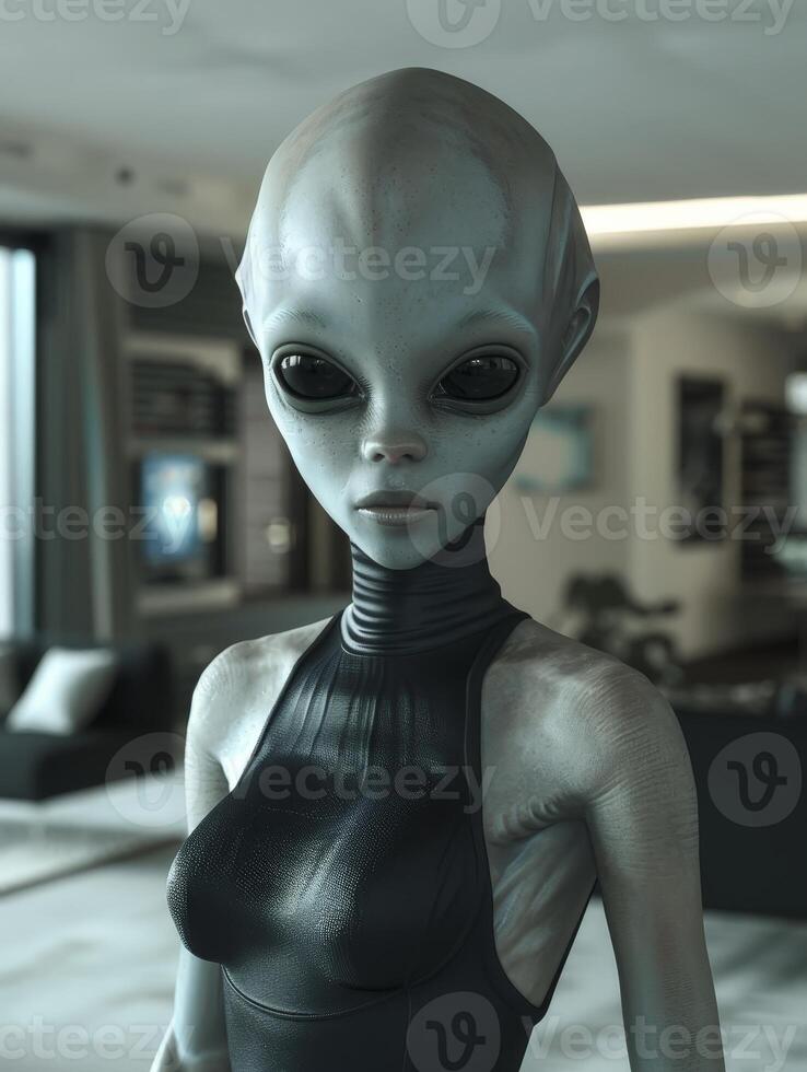 Alien figure in a dark room photo