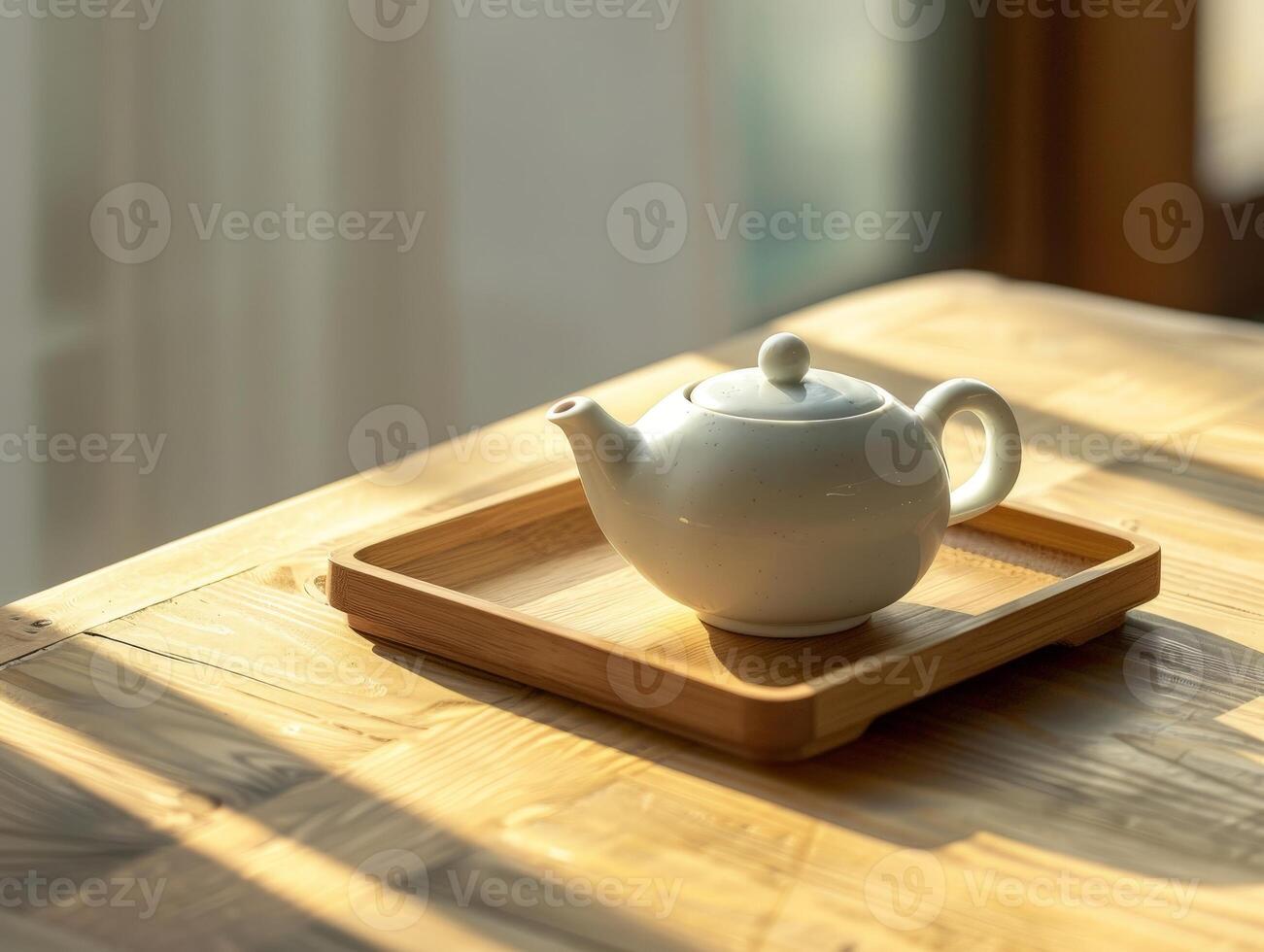 Cozy tea time with a ceramic teapot on a wooden tray photo