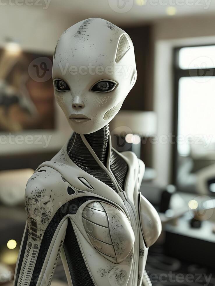 Futuristic alien robot figure in a dark room photo
