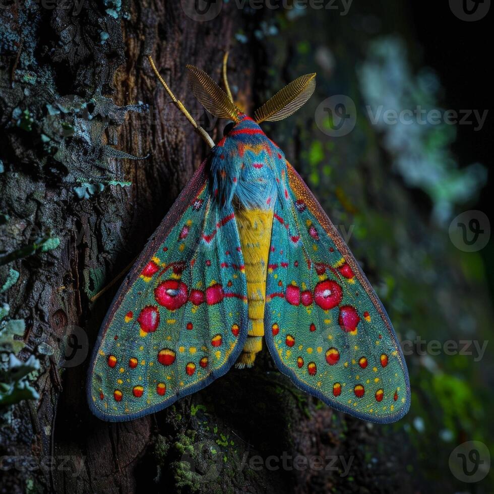 Colorful moth on tree bark photo