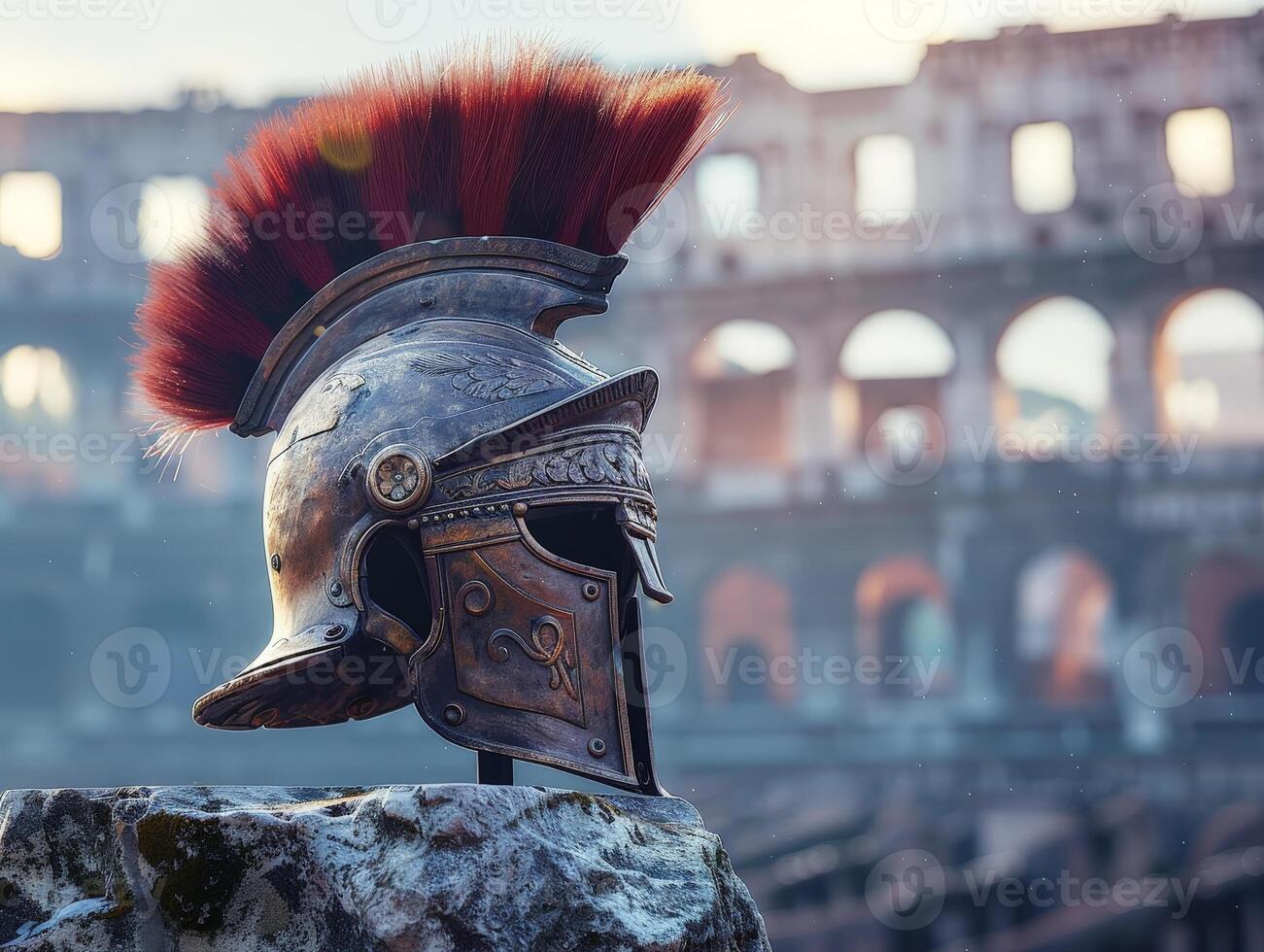 Ancient roman soldier helmet with red plume photo