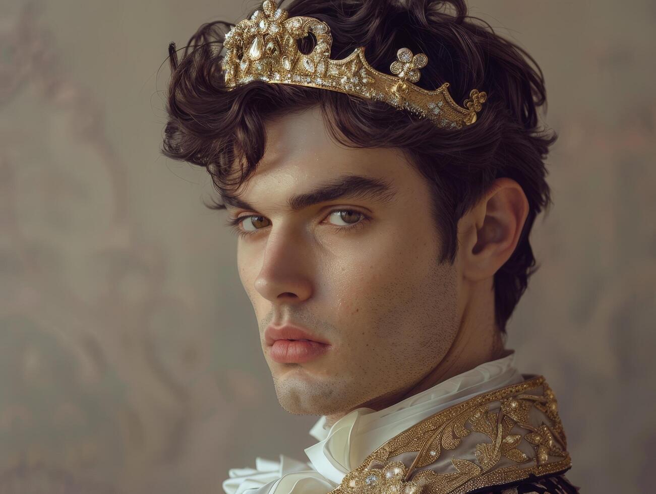 regal male portrait with crown and ornate clothing photo