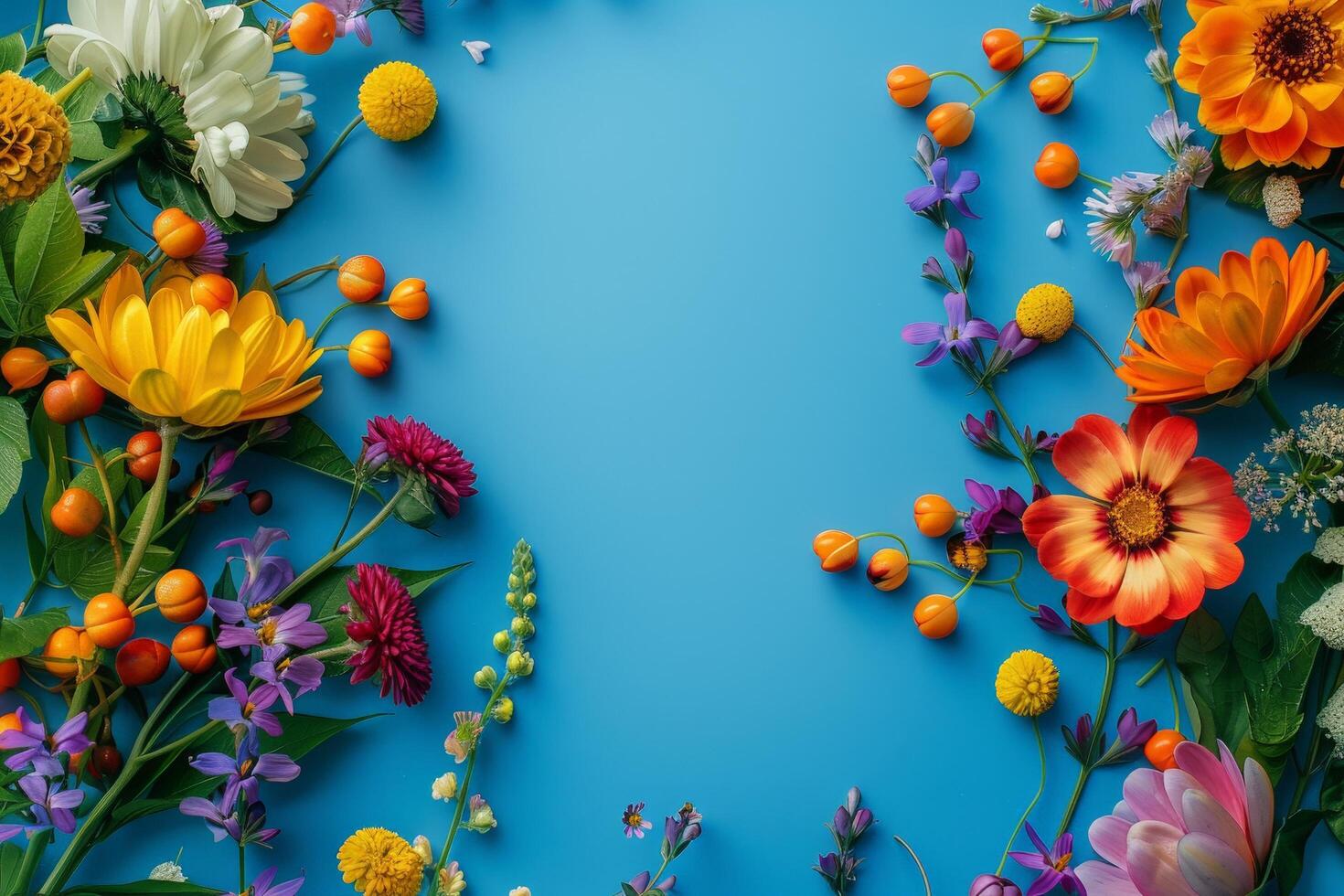 Vibrant floral arrangement on blue background photo