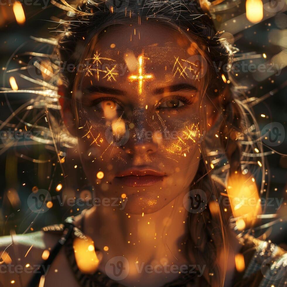 mystical fantasy portrait with glowing symbols photo