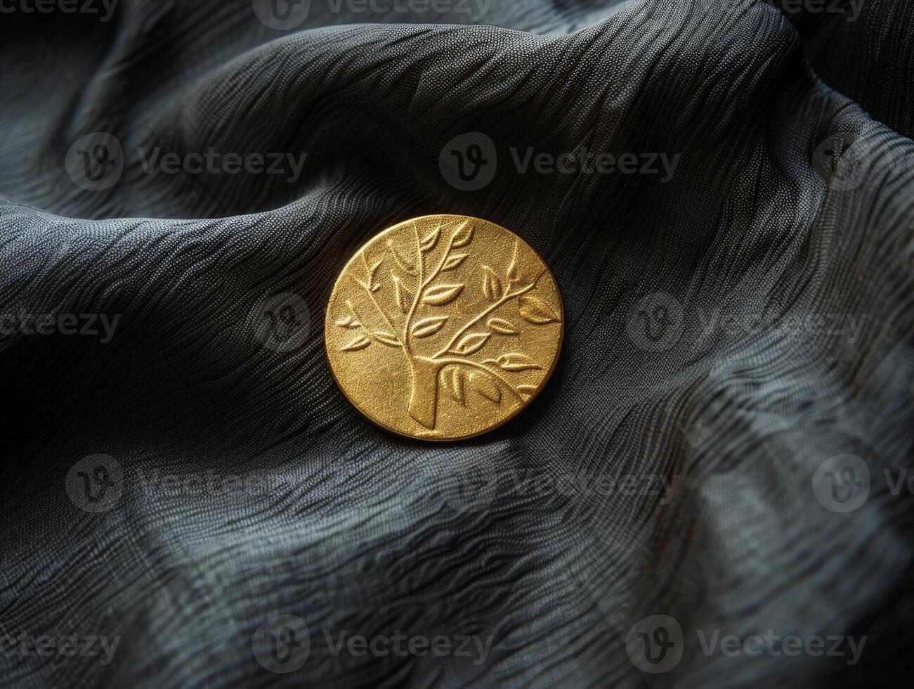 golden coin with leaf pattern on dark fabric photo