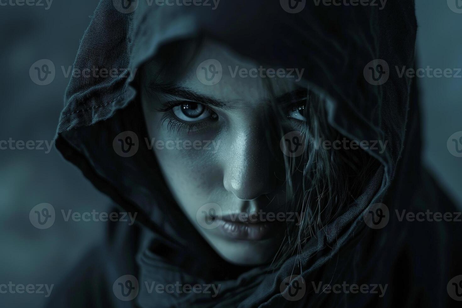 Mysterious hooded figure with intense gaze photo