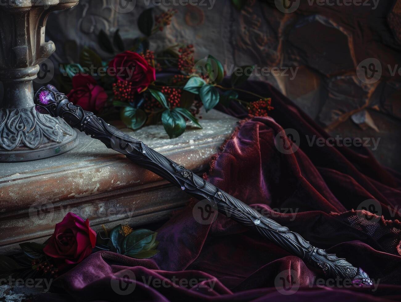 Elegant gothic still life with red roses and ornate dagger photo