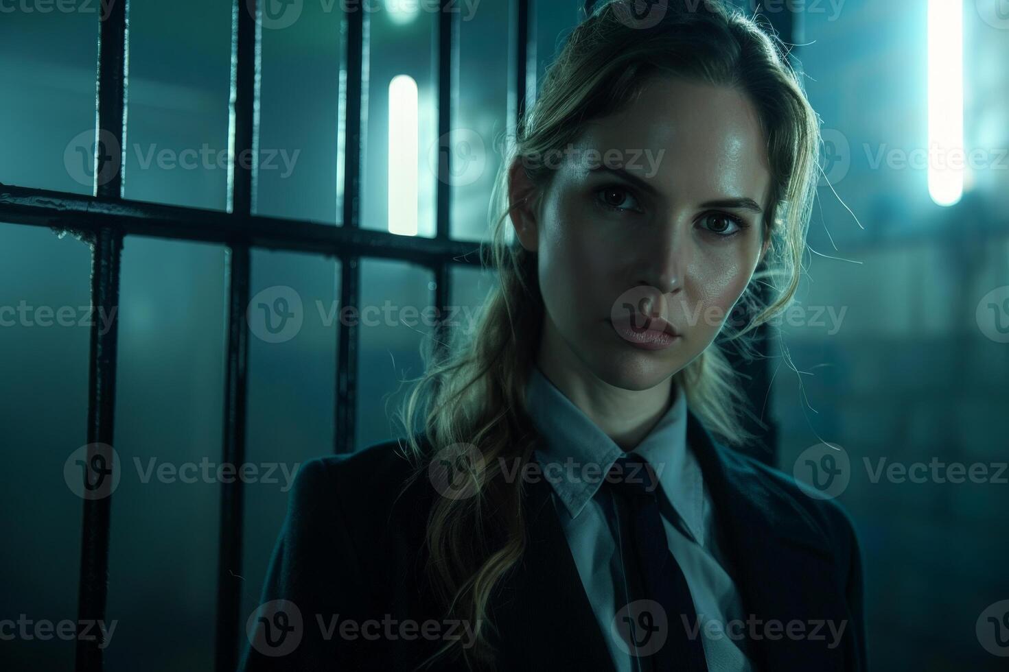 Mysterious woman in dark interrogation room photo
