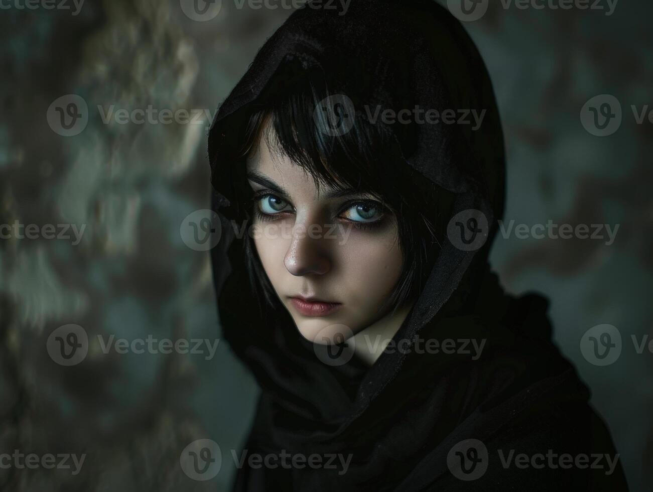 Mysterious woman in black hooded cloak photo