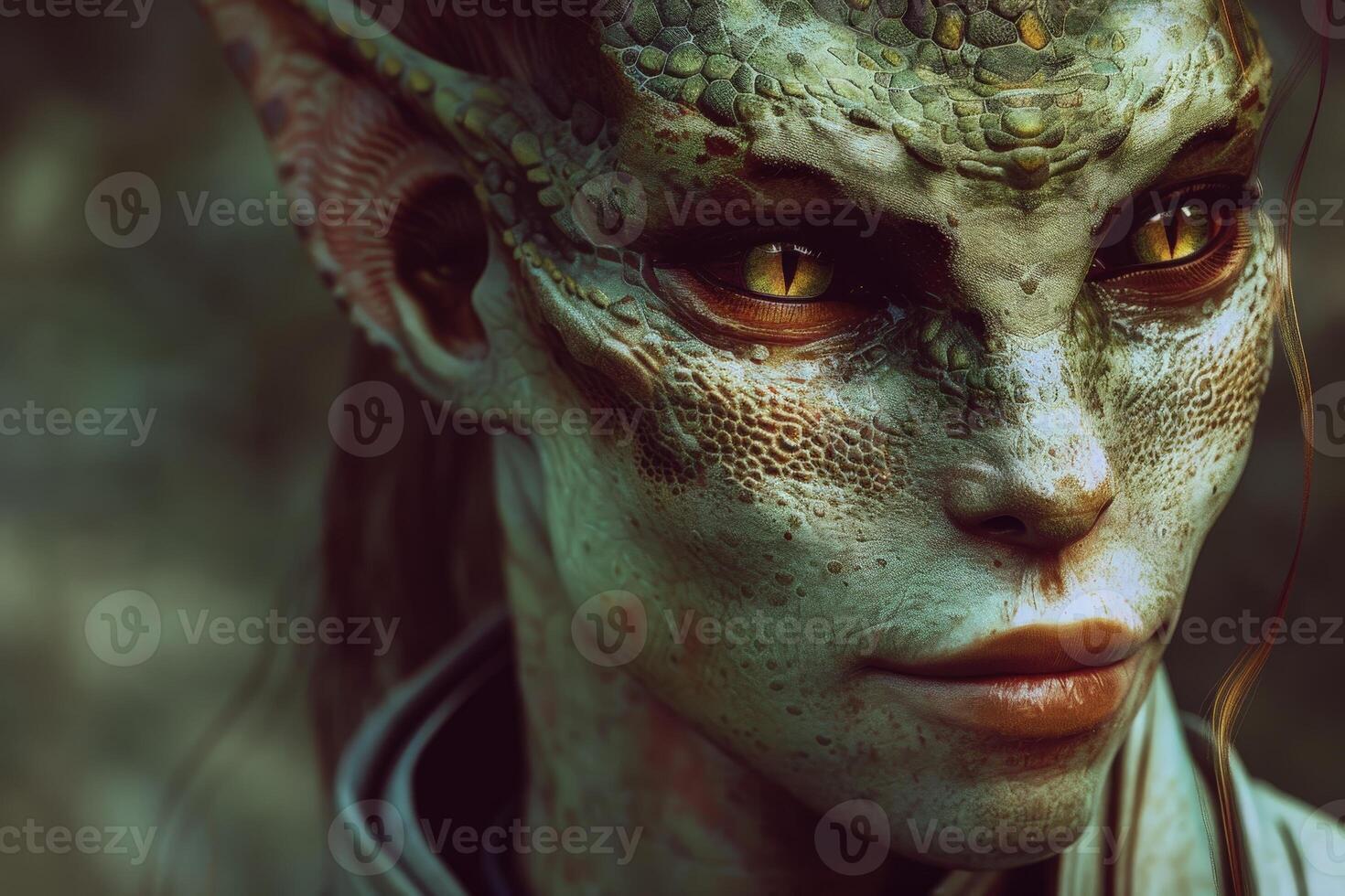 Mysterious alien face with intricate reptilian features photo