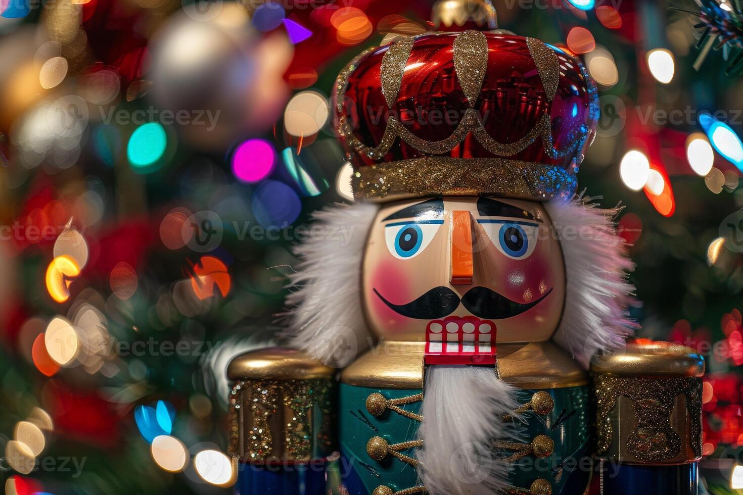 Festive nutcracker soldier ornament on christmas tree photo