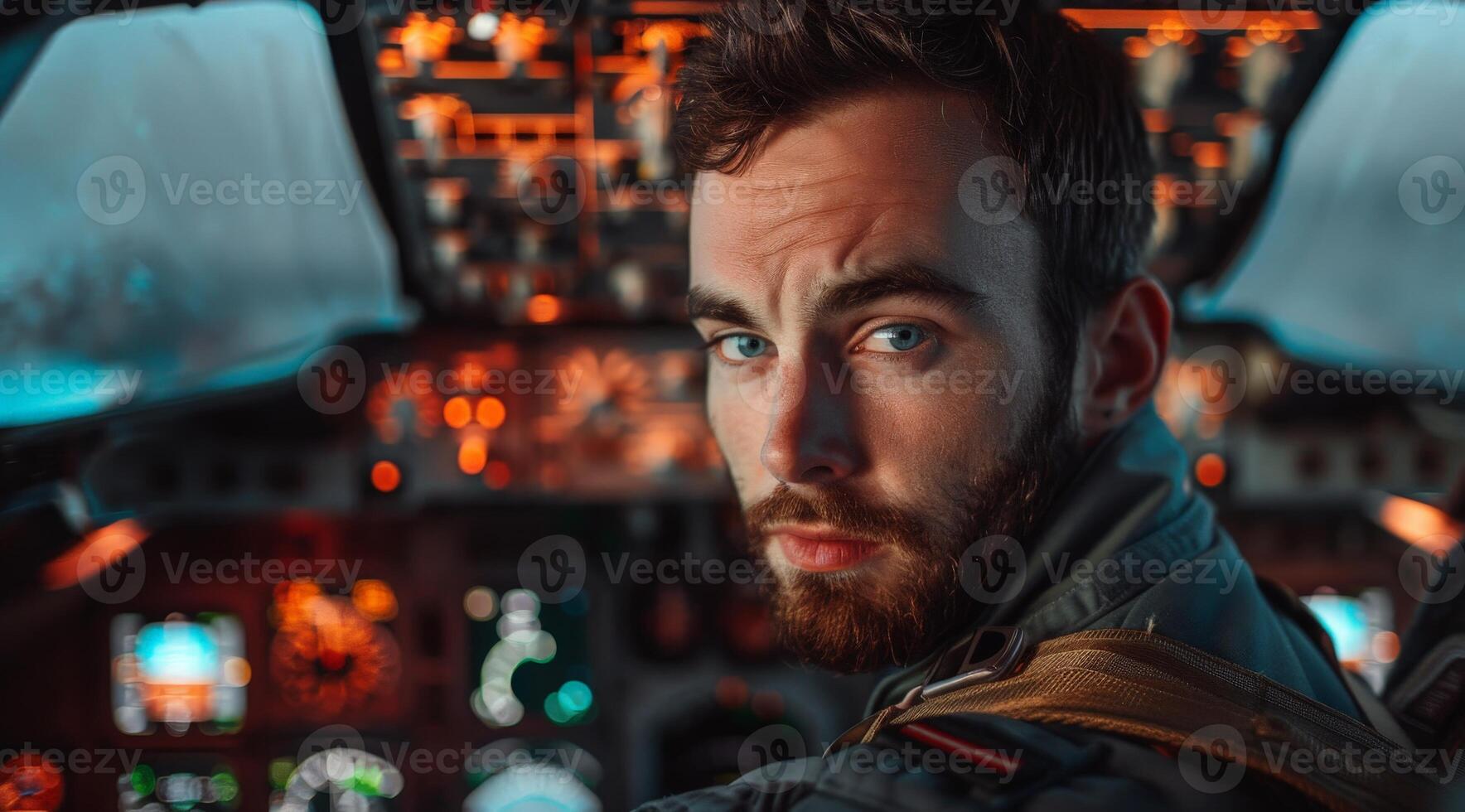 Pilot in cockpit with city lights photo