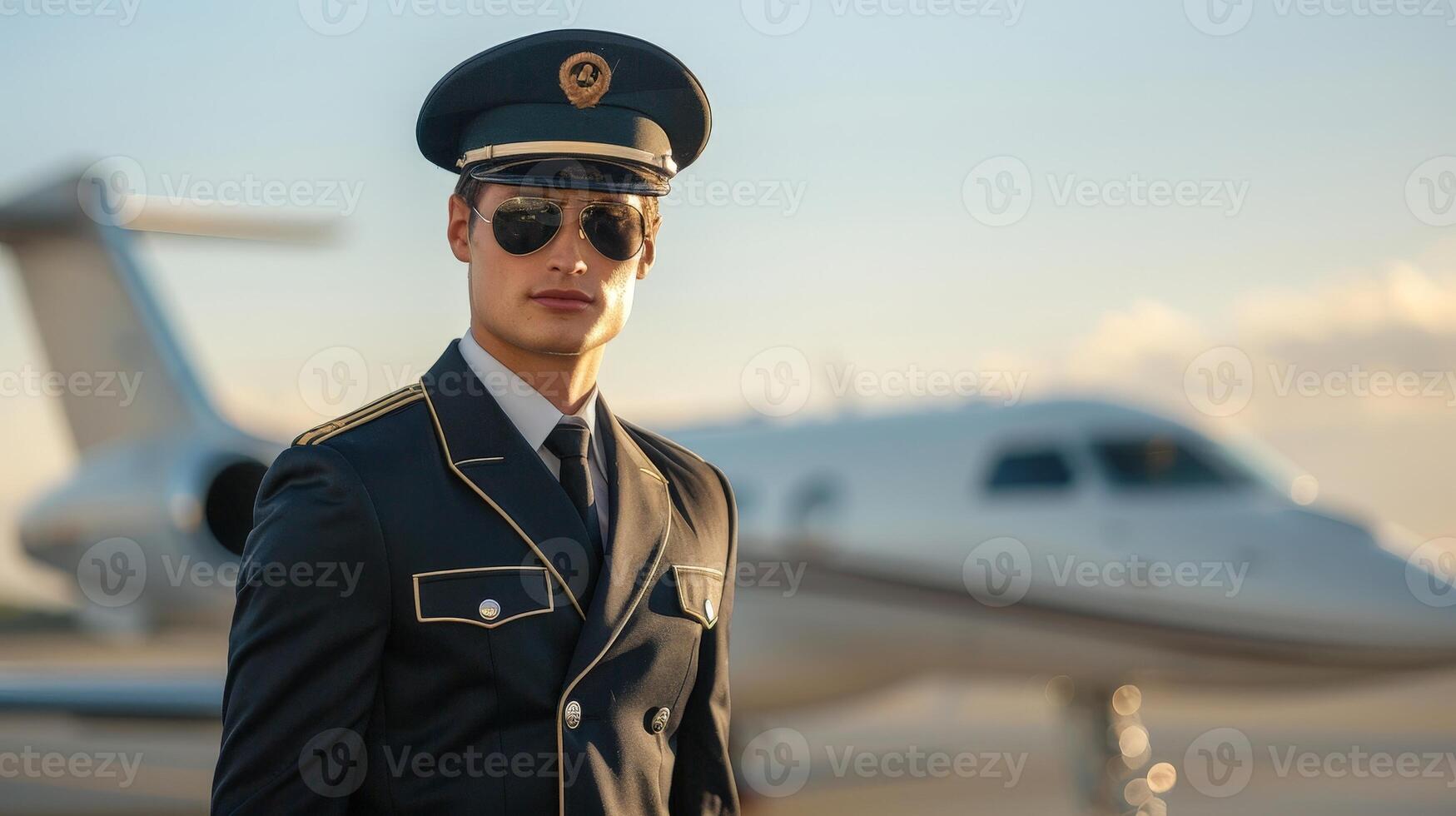 Confident military pilot in uniform and sunglasses standing in front of airplane photo