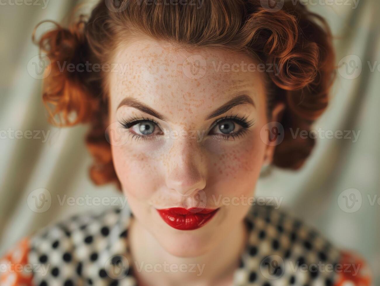 Retro styled woman with red lips and curly hair photo