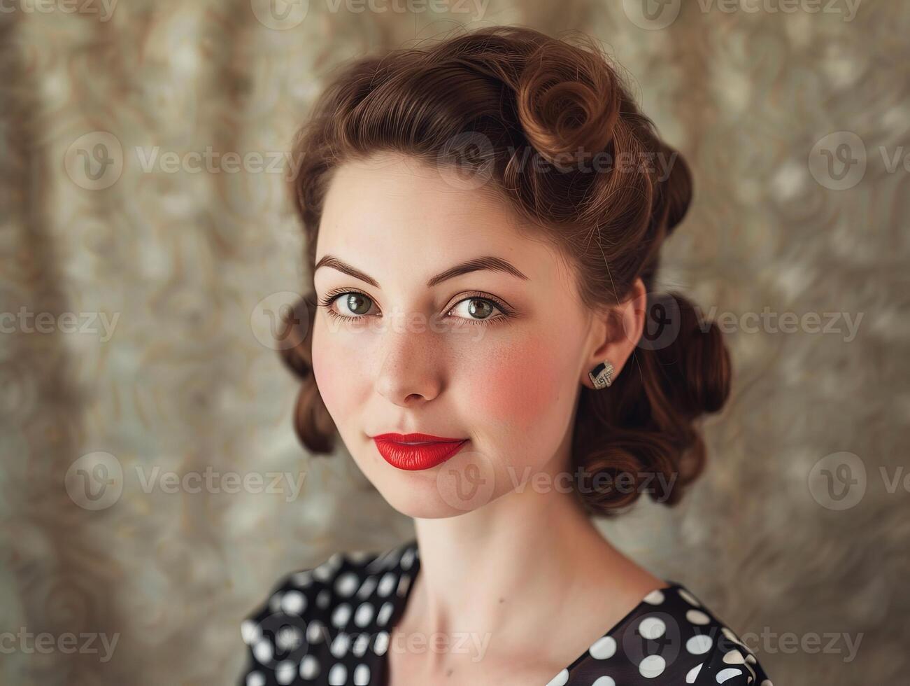 Retro styled woman with curled hair and red lipstick photo
