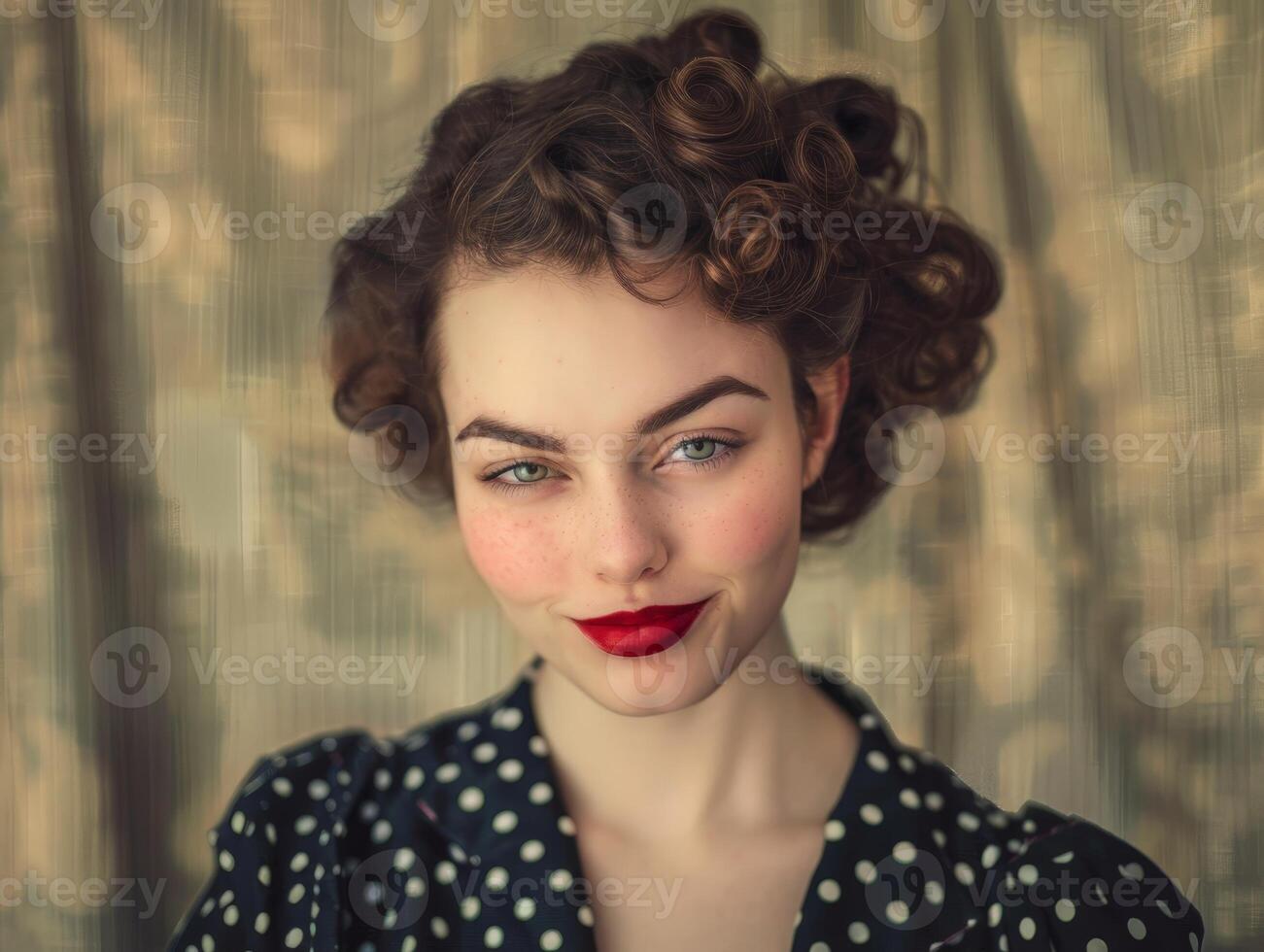 Retro woman with curly hair and red lipstick photo