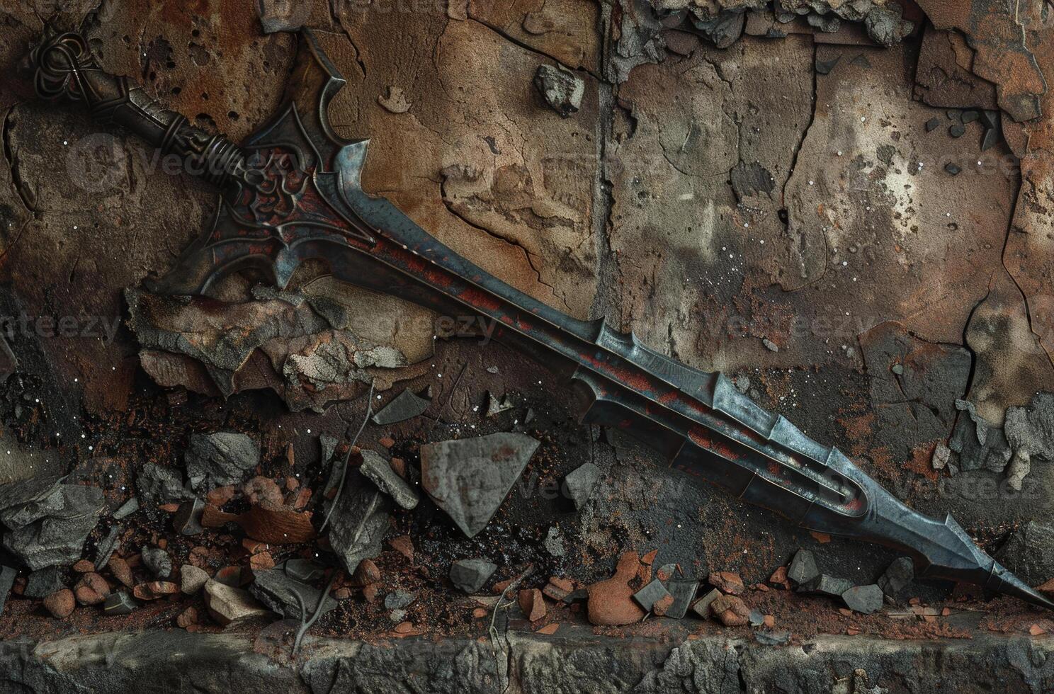 Rusted medieval sword on rocky ground photo
