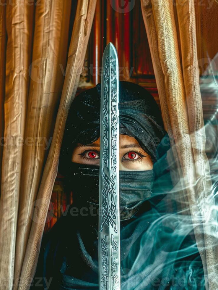 mysterious woman in traditional middle eastern attire photo