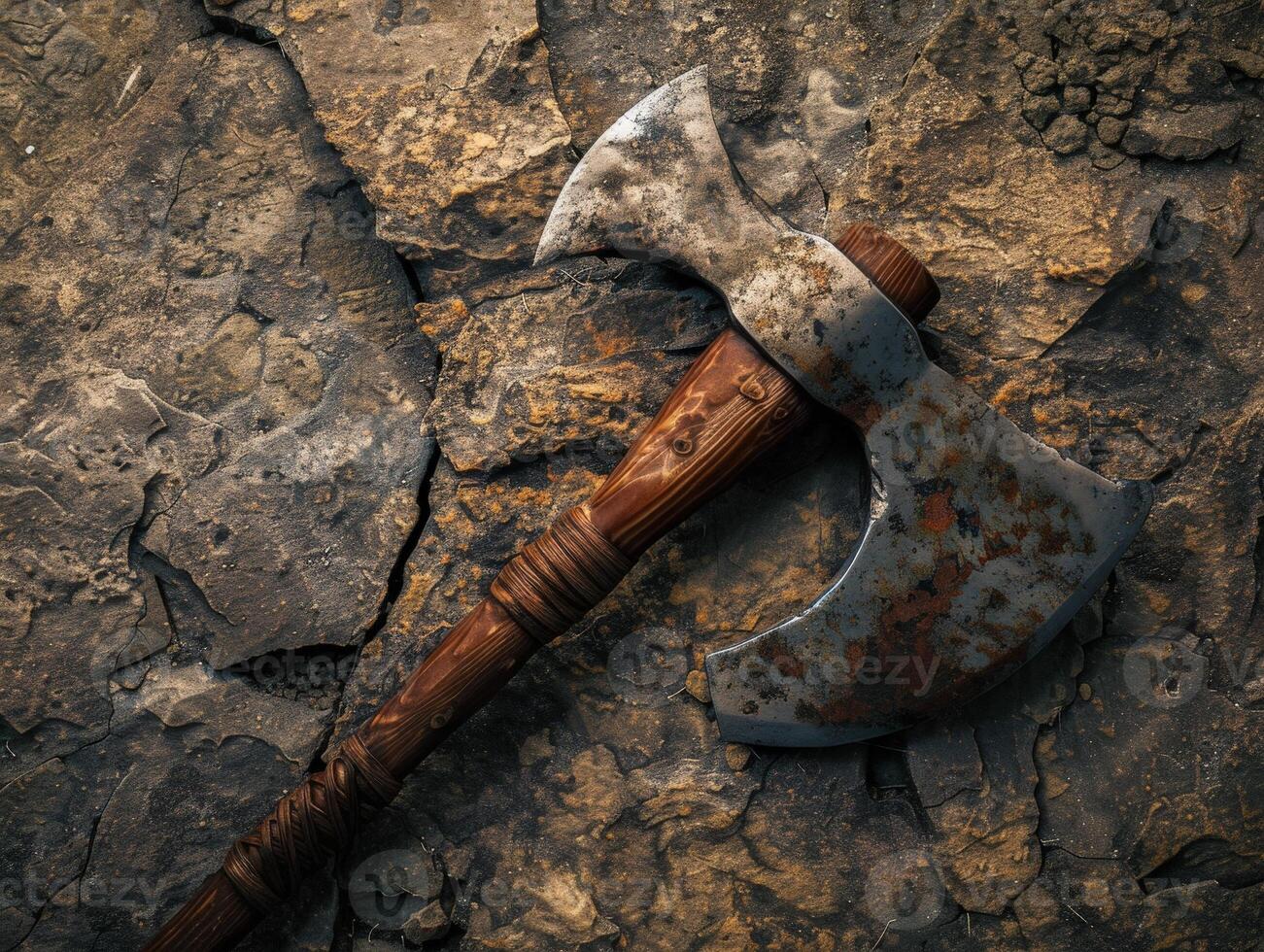 Rustic axe on rocky surface photo