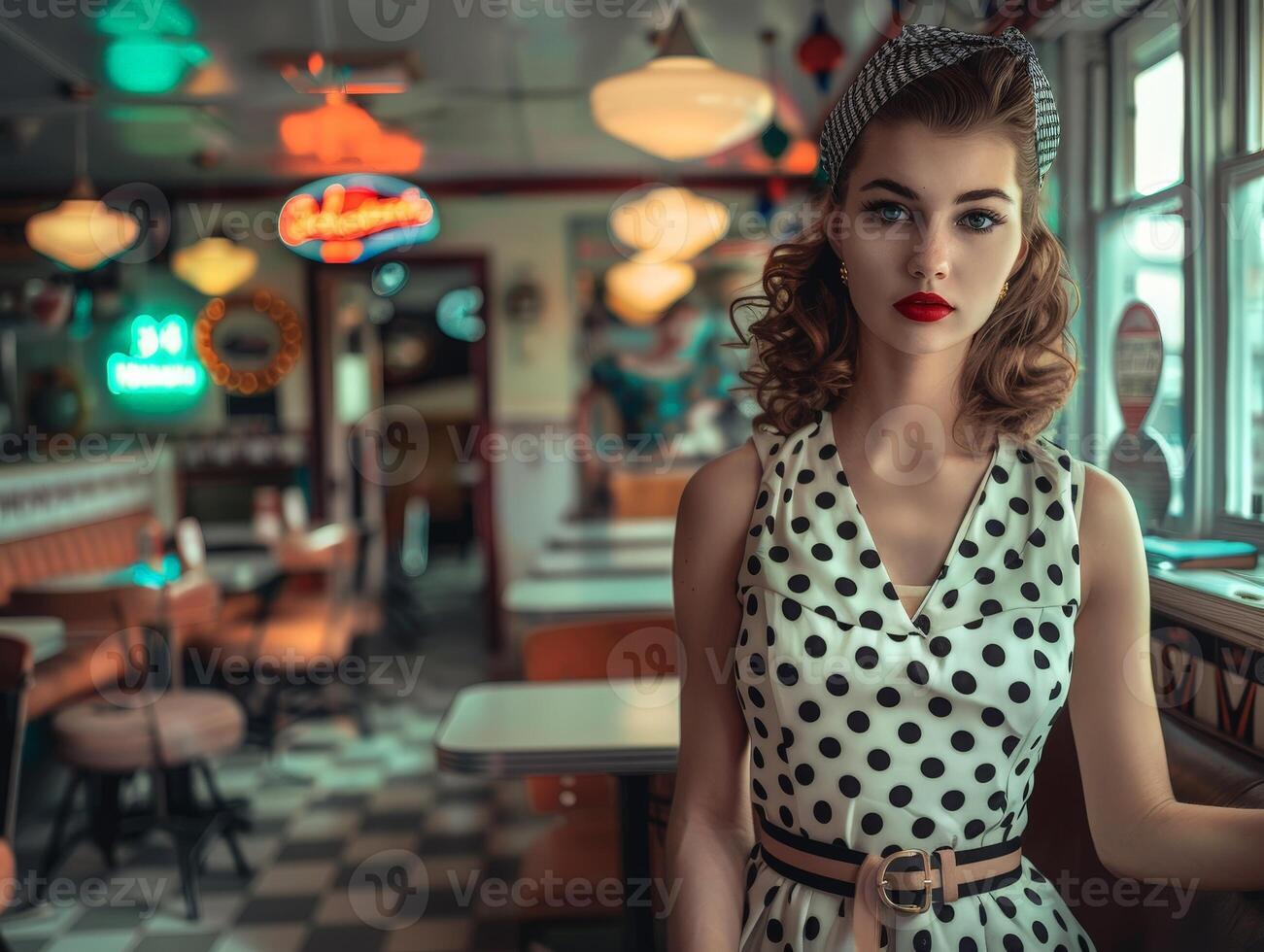 retro styled woman in polka dot dress posing in vintage diner photo