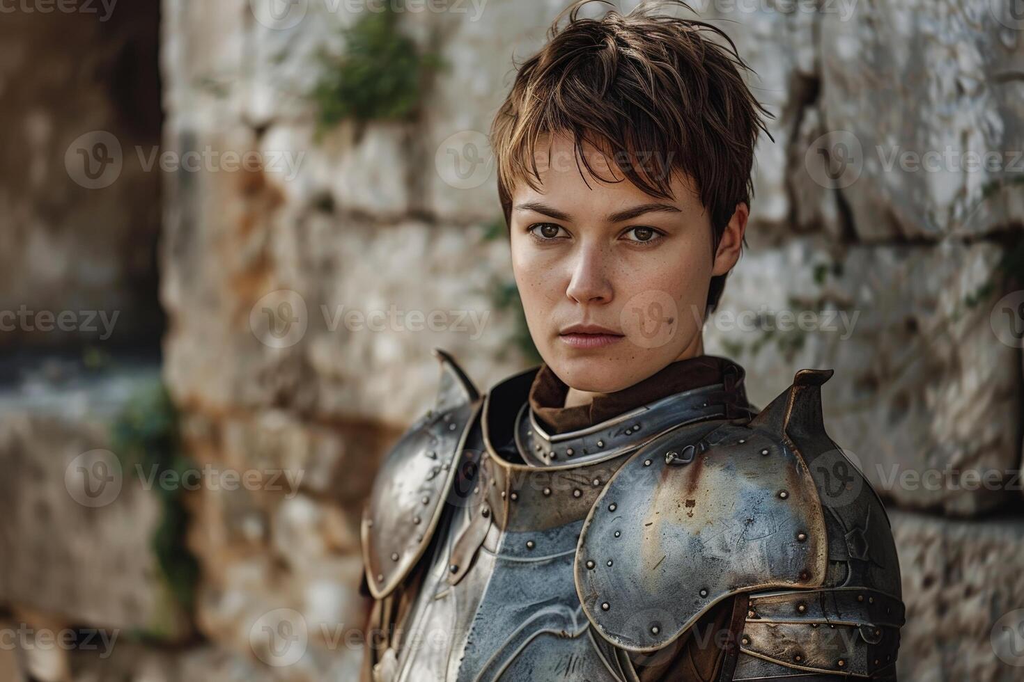 Armored warrior with determined expression photo