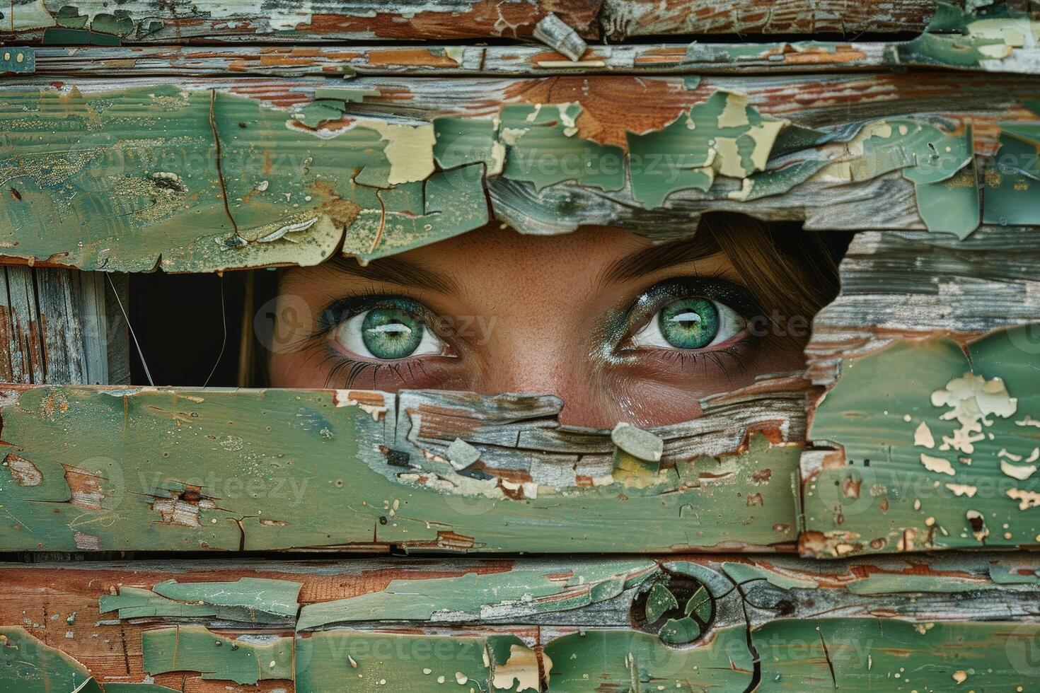 Mysterious eyes peeking through cracked and weathered wood photo