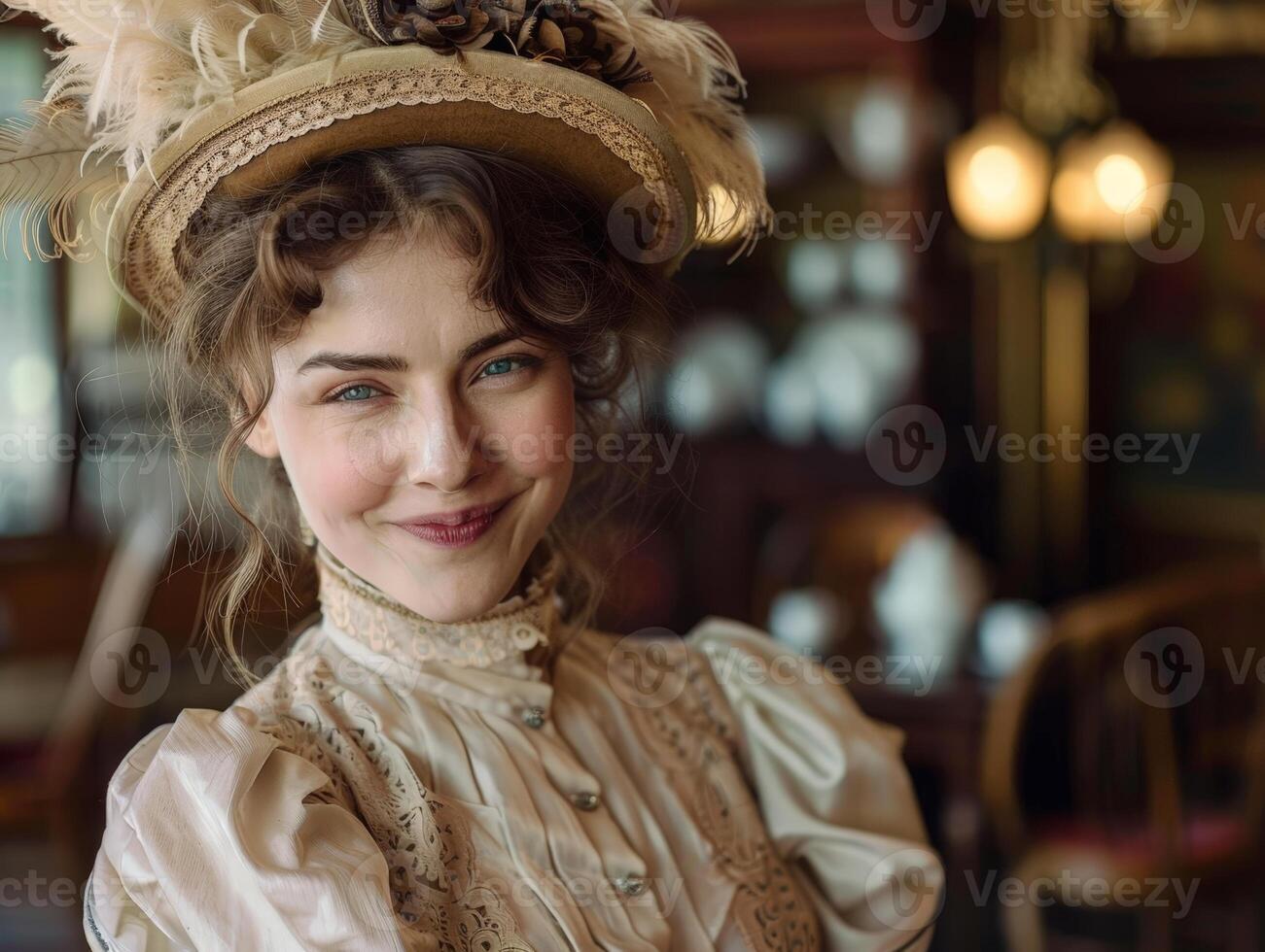 Elegant woman in vintage costume smiling photo