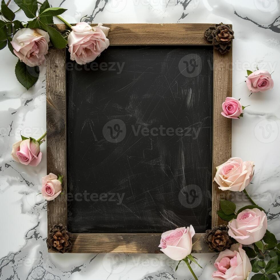 Rustic chalkboard frame with pink roses photo