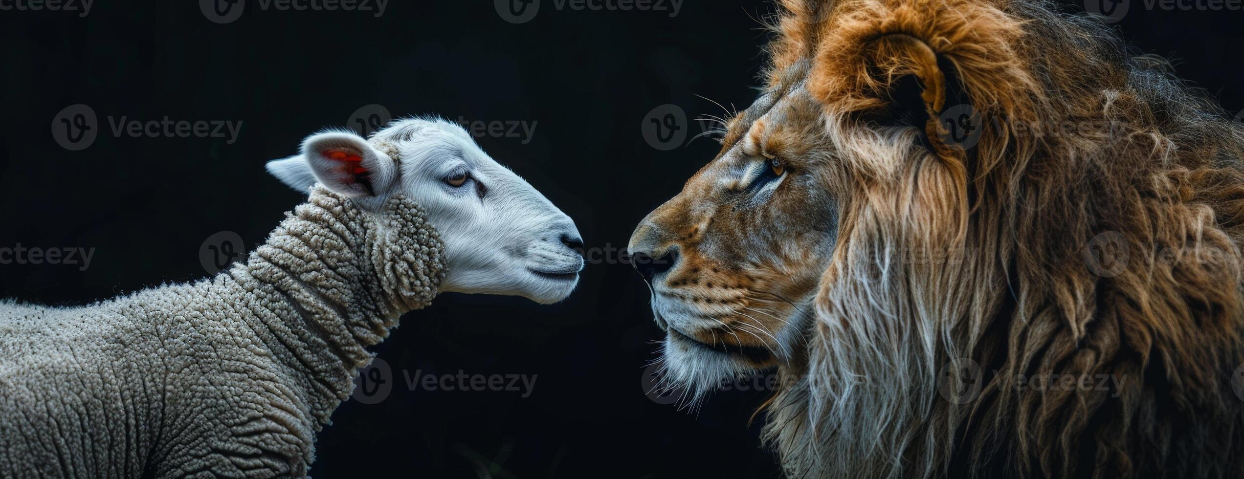 Powerful lion and sheep face to face photo