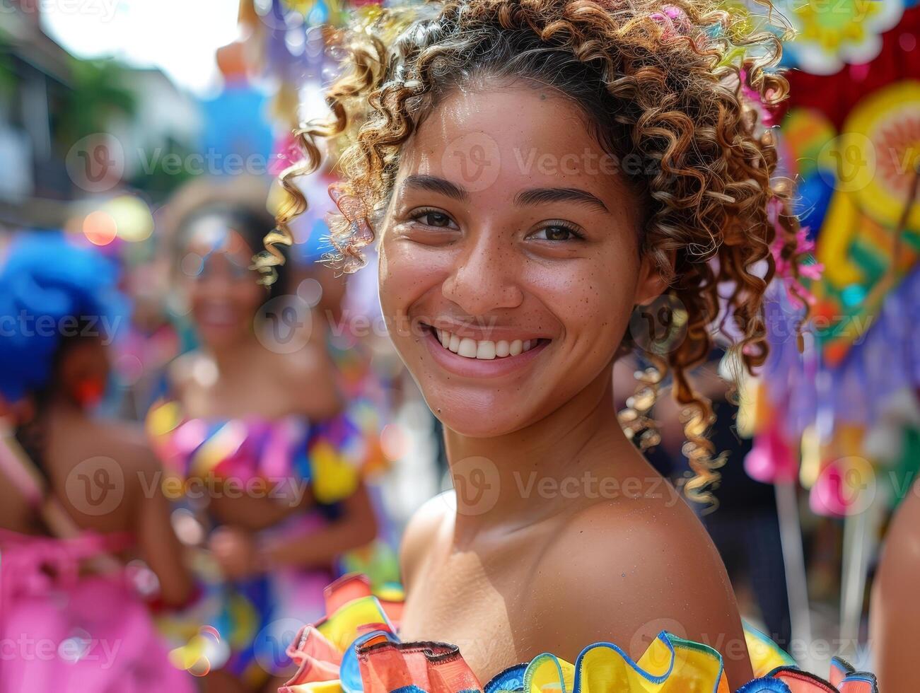 Smiling woman with curly hair at a colorful festival photo