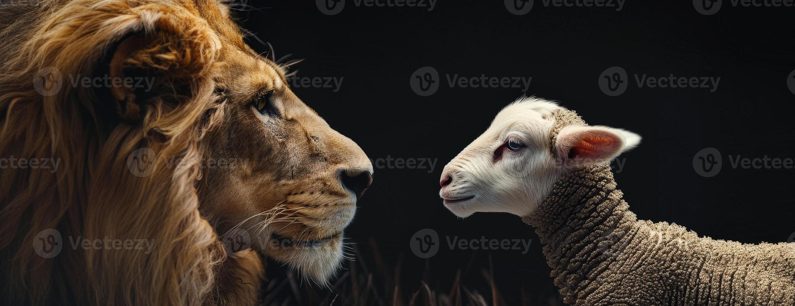 Lion and lamb facing each other photo