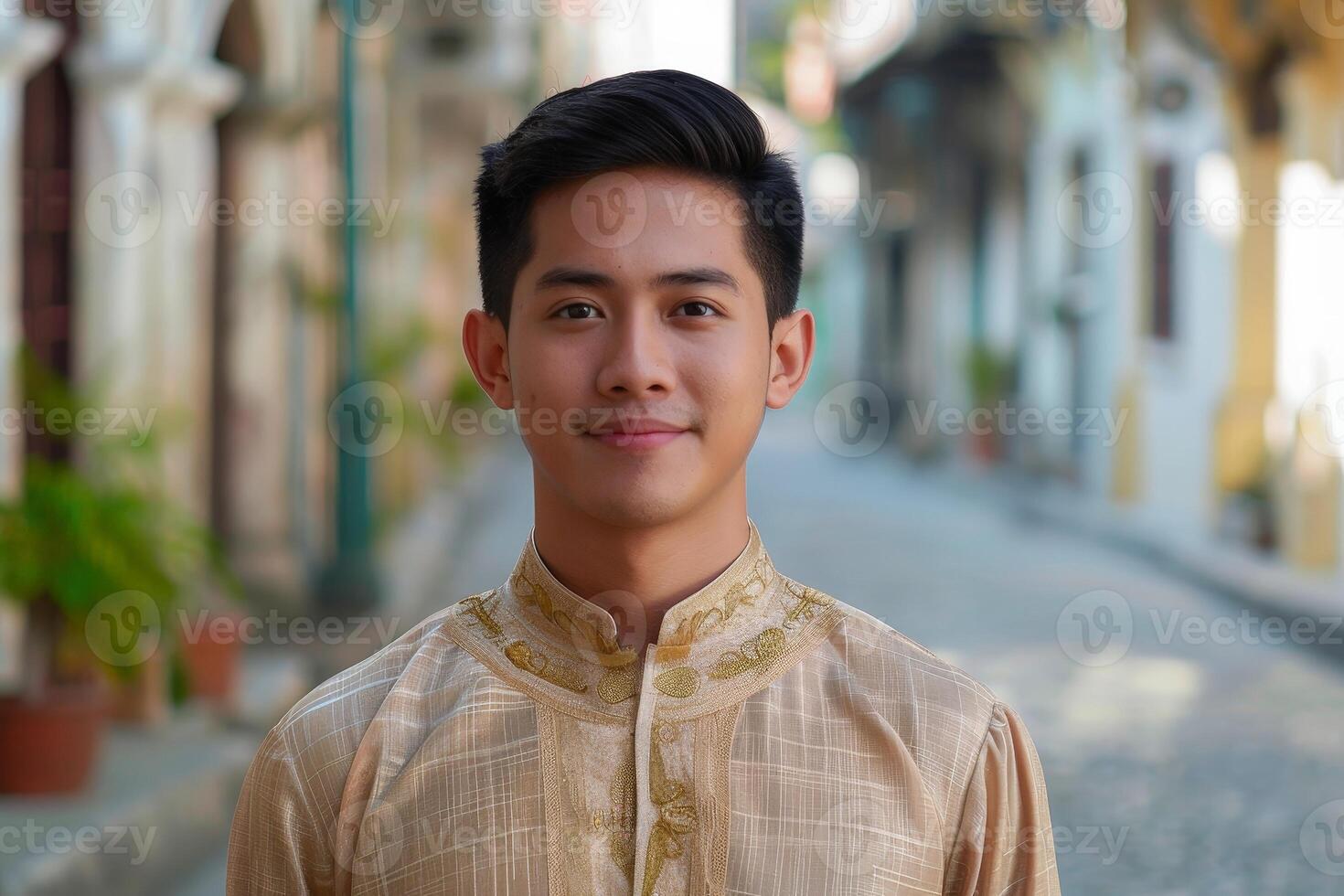 portrait of a smiling asian man in traditional clothing photo