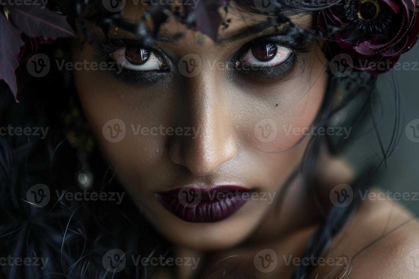 Mysterious dark haired woman with dramatic makeup photo