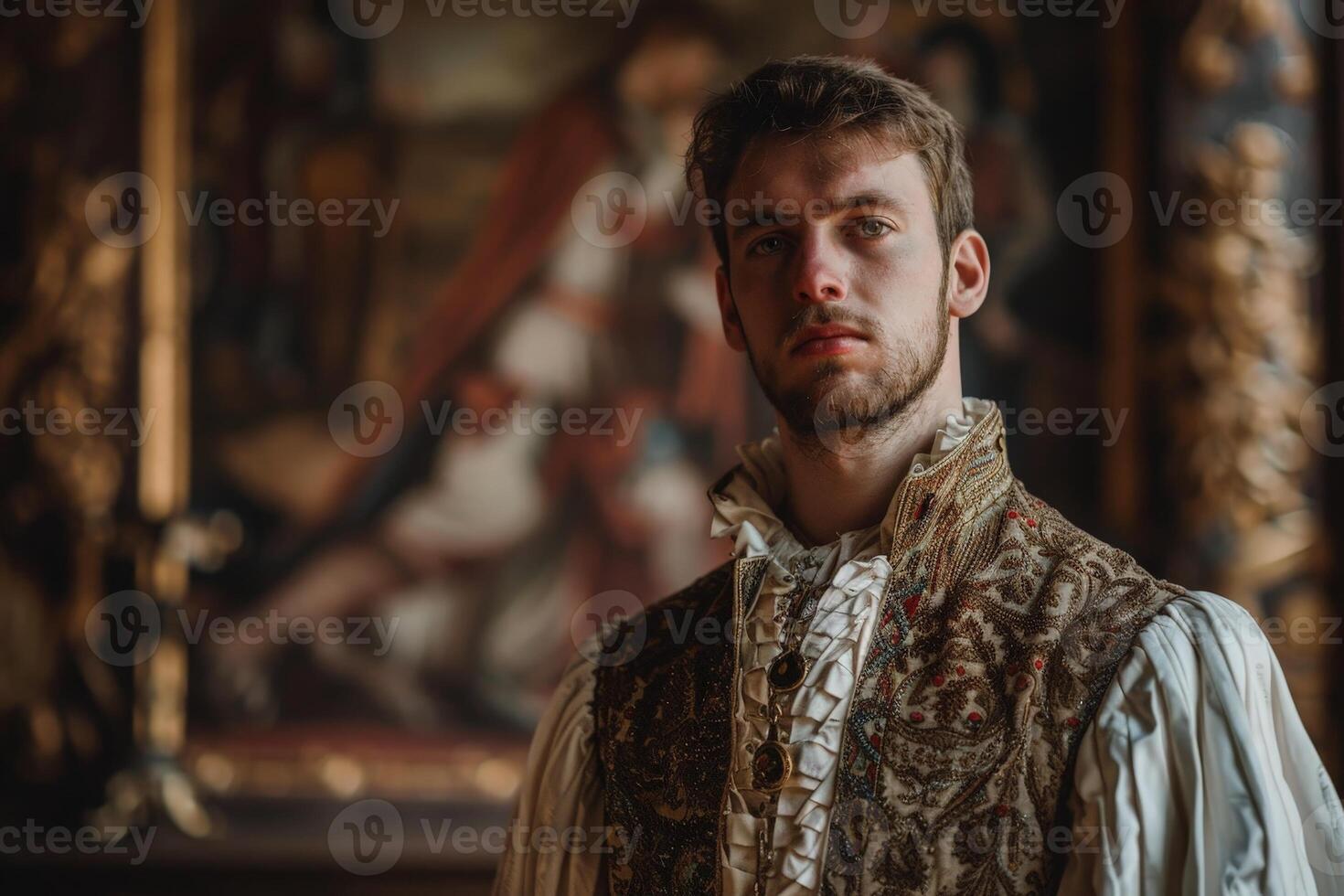 man in historical costume standing in dark room photo